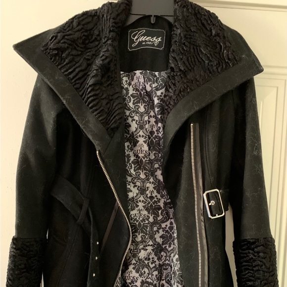 GUESS Black Wool Coat w/Chenille Boucle Collar & Cuffs Asymmetrical Zip Front S - Picture 2 of 14